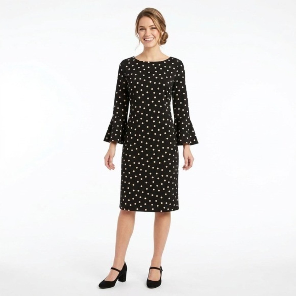 Liz Claiborne Womens Black White Polka Dot Bell Sleeve Sheath‎ Midi Dress Sz 4
